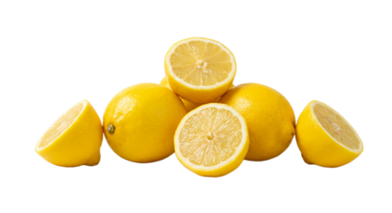 Fresh whole and halved yellow lemons isolated on transparent background, studio shot, vibrant citrus fruit arrangement, healthy ingredient, cut out PNG.