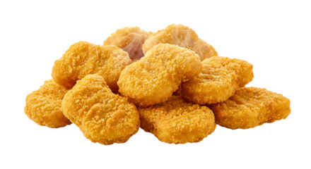 Pile of golden fried crispy chicken nuggets isolated on transparent background, studio shot, savory snack.