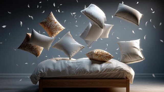 Floating pillows in mid-air above a neatly made bed, showcasing a whimsical scene with soft textures and gentle lighting, capturing the playful essence of comfort and relaxation