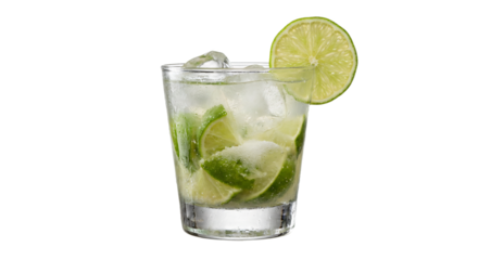 Refreshing Caipirinha cocktail with lime and ice isolated on transparent background, studio shot, Brazilian summer drink, cut out object.