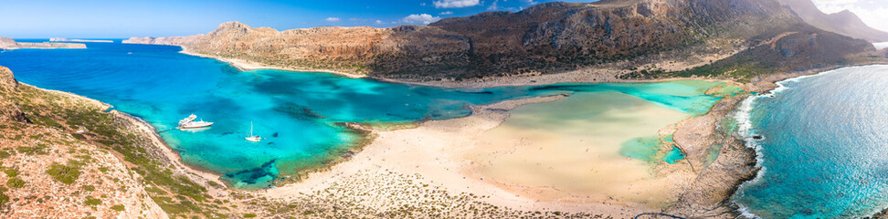 Amazing drone view of Balos Lagoon and white sandy beach, Crete, Greece