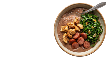 Traditional Brazilian feijoada bean stew isolated on transparent background, with crispy pork belly, smoked sausage, collard greens, studio shot, cut out PNG.
