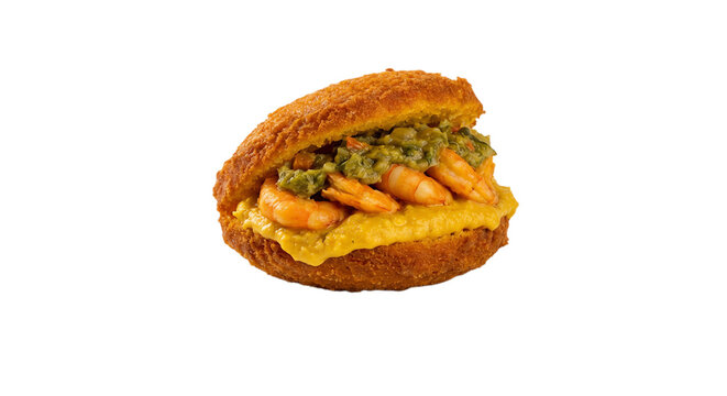 Brazilian Acaraj&eacute; street food isolated on transparent background, cut out studio shot with shrimp, vatap&aacute;, and caruru filling, professional food photography.