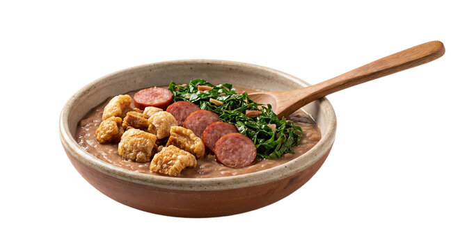 Brazilian Feijoada with crispy pork rinds, sausage, and collard greens in a rustic bowl with a wooden spoon, isolated on transparent background, studio shot.