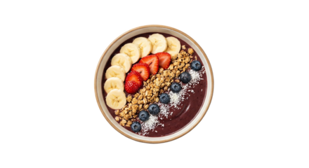 Colorful acai bowl isolated on transparent background, top view studio shot with fresh bananas, strawberries, granola, blueberries, and shredded coconut, healthy breakfast concept.