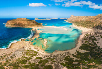 Fototapeta premium Amazing drone view of Balos Lagoon and white sandy beach, Crete, Greece