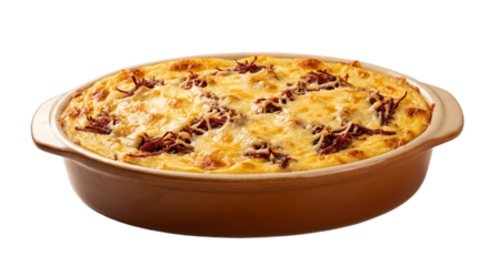 Appetizing cheesy baked gratin casserole with golden crust and red onion in oval ceramic dish isolated on transparent background, studio shot.