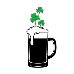 Dark beer mug with shamrocks for St Patrick’s Day pub promotions and Irish holiday beverage graphics