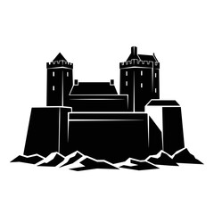 Medieval castle silhouette with dual towers and rocky ground bold graphic illustration for fantasy themes gaming artwork and historical design projects