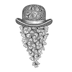 Decorative St Patrick’s Day hat with clover beard illustration for festive coloring pages and holiday design