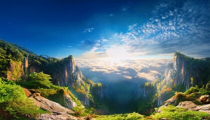 Wide Angle Japanese Anime Landscape Background Clear Sky With Dynamic Cloud Secret Fairytale Sacred Cave Beautiful Scenery