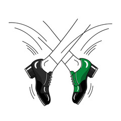 Irish step dance shoes icon with energetic crossed legs motion lines and dynamic movement illustration for St Patrick’s Day celebrations and cultural dance designs