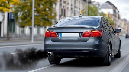 Gray sedan emitting exhaust smoke while driving on urban road, showcasing gradual movement and environmental impact, camera follows vehicle with smooth tracking motion