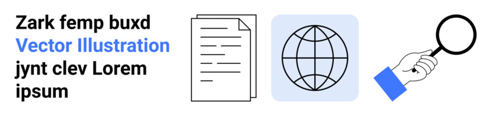 Data analysis, research, global communication, document management, online exploration, internet tools. Document, globe hand with magnifying glass. Research and global communication concepts