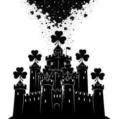 Irish themed castle silhouette decorated with shamrocks and magical sparkling particles for Saint Patricks Day designs and festive graphic projects