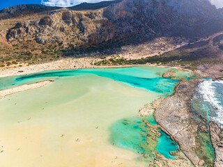 Obraz premium Amazing drone view of Balos Lagoon and white sandy beach, Crete, Greece