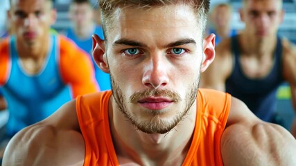 Focused Intensity: A muscular athlete's eyes lock with yours, embodying strength and determination, setting a motivational tone for any fitness endeavor.