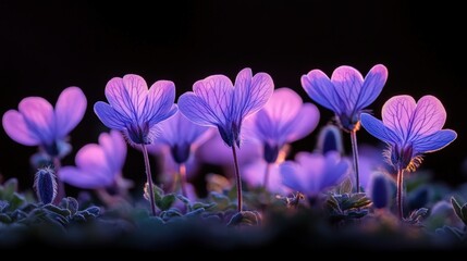 A captivating cluster of vibrant purple flowers, showcasing delicate petals and intricate vein patterns. The dark background emphasizes the floral beauty and adds a touch of drama.