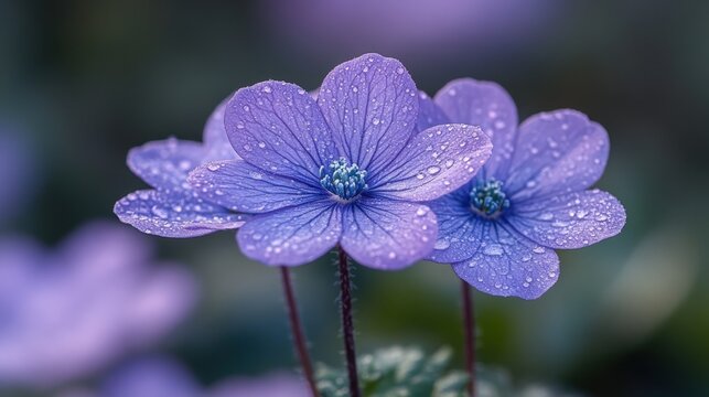 A tranquil scene showcasing delicate purple flowers adorned with water droplets, illuminated against a softly blurred green background. Evokes a feeling of serenity and natural beauty. - Powered by Adobe