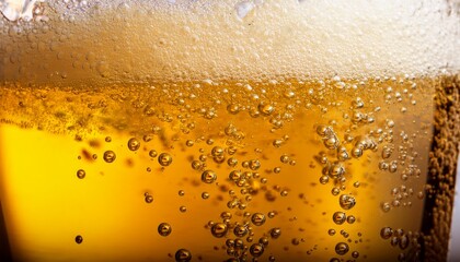 Close Up Of Bubbles In Foamy Yellow Carbonated Beverage In A Glass