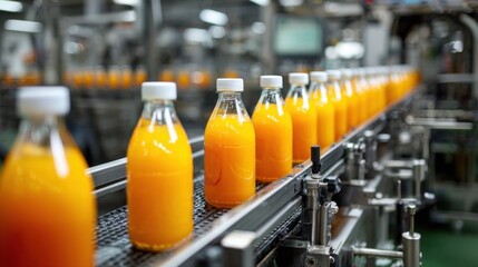 Orange juice bottles on a conveyor belt in a beverage factory.