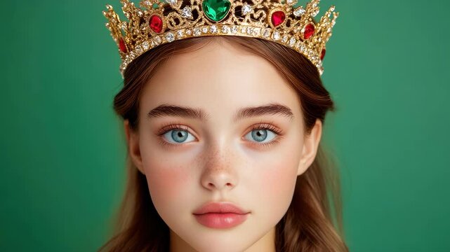  Regal Allure: A portrait of a captivating young woman, adorned with a resplendent crown, gazing with poise and serenity. This image encapsulates the essence of royalty and timeless elegance.