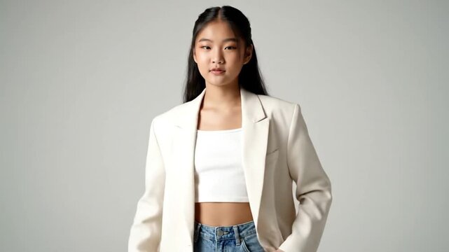 Smiling young Asian girl posing in a white top and beige blazer, studio