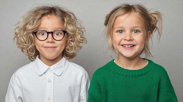 Two children with curly hair express surprise and joy, showcasing a delightful moment of excitement, as the camera captures their evolving emotions in a playful scene with copy space