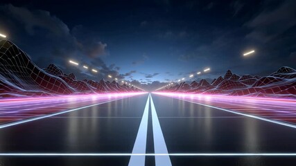 Futuristic highway scene with glowing neon lights and digital landscape, showcasing a continuous perspective as the camera smoothly zooms in on the road ahead, enhancing the immersive experience - Powered by Adobe