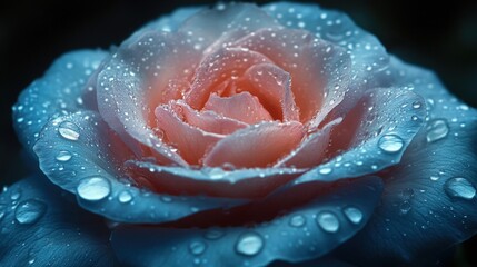 A stunning close-up of a rose adorned with delicate water droplets, creating a mesmerizing soft blue effect. The dark background emphasizes the beauty of the flower.