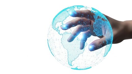 Hand Interacting with a Virtual Holographic Globe, isolated on white background