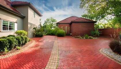 Backyard With Red Pavers As A Walkway