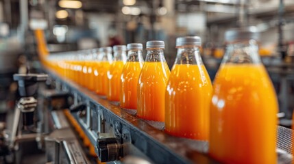 Orange juice bottles with grey caps on a factory conveyor belt.