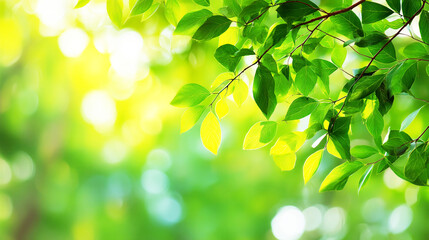 新緑の葉と木漏れ日のナチュラルな背景
