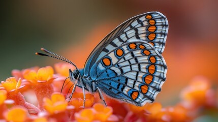 Obraz premium A delicate blue butterfly with vibrant orange spots rests peacefully on brilliant red flowers, evoking a sense of serenity and natural splendor. Perfect for themes of beauty, nature, and tranquility.