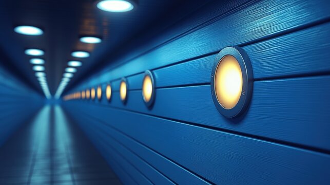 A dramatic shot of a blue subway tunnel illuminated by circular lights along the walls, creating a sense of depth and mystery. - Powered by Adobe
