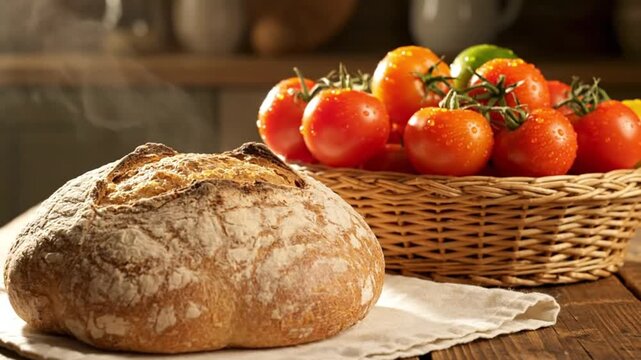 Freshly baked rustic sourdough bread steaming next to a basket of ripe tomatoes