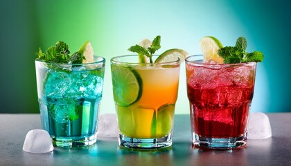 Three Colorful Cocktails With Ice And Mint Garnish Lime Wedges Bright Background