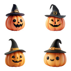 3D Pumpkins Set with Witch Cap on Transparent Background
