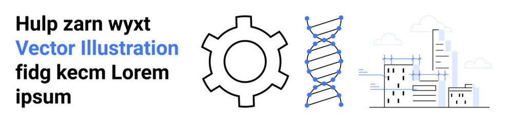 Gear, double helix, and stylized cityscape evoke technology, biotechnology, and engineering progress. Ideal for innovation, science, urbanization, business industry research simple landing page
