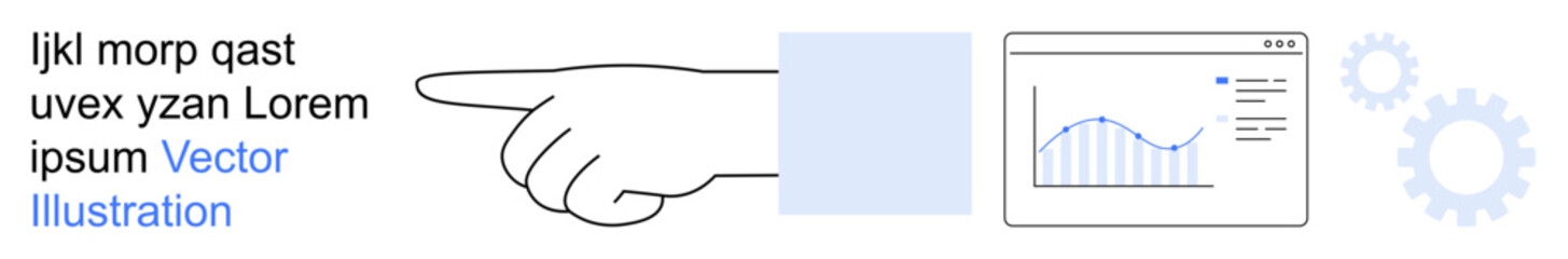 Business analysis, team collaboration, data visualization, digital tools, workflow management, efficiency. Hand pointing to a dashboard with a graph and gear icons. Business analysis and data