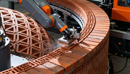 Automated bricklayer building a curved arch structure highlighting adaptability and accuracy in creating complex shapes.