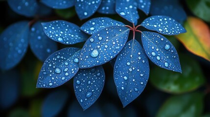 A captivating close-up showcases dew-covered leaves with vibrant blue and darker green hues, highlighting texture and color contrast. The blurred background adds depth.