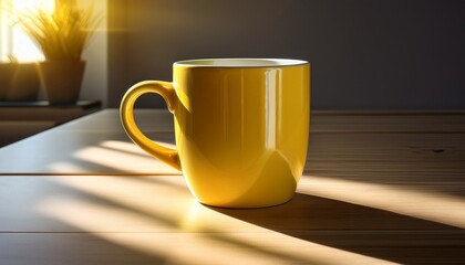 A Muted Yellow Mug On A Light Wood Table Sunlit Shadows