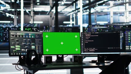 Data center green screen chroma key computer systems controlling network resources through AI visualization and node tree programming software that map infrastructure connections