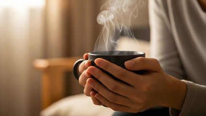 Steaming beverage of Comfort: Close-up on a person's hands tenderly cradling a warm, steaming cup, inviting a sense of coziness and contentment. The scene evokes feelings of comfort and relaxation.