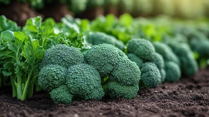 Close-up shot of vibrant, healthy broccoli plants growing in a garden bed. The rich green foliage contrasts with the dark soil and surrounding greenery, showcasing the natural beauty of fresh produce.