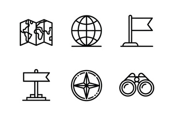 Set of travel and navigation icons map, globe, flag, signpost, compass, binoculars isolated on white