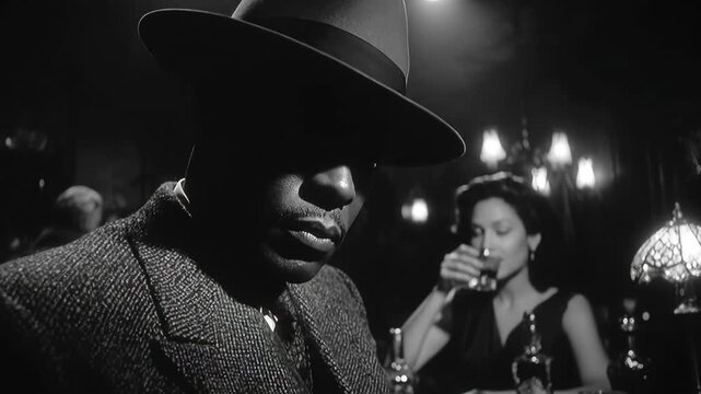 African american man in fedora hat converses with caucasian woman in vintage lounge. Dimly lit noir atmosphere with lamps and chandelier. Classic mystery dialogue sequence in elegant setting.