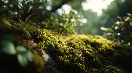 Lush Moss Growth and Sunlight in a Forest Scene Captured Up Close